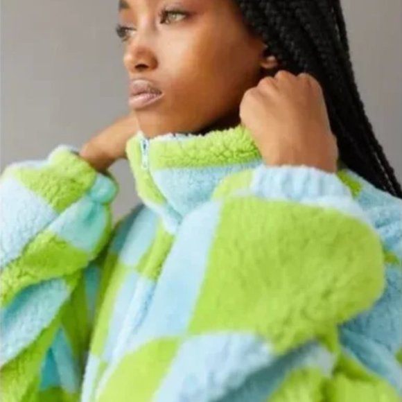 Urban Outfitters Olivia Blue Green Mod Checkered Sherpa Jacket. Unworn. Size XS - Picture 2 of 7